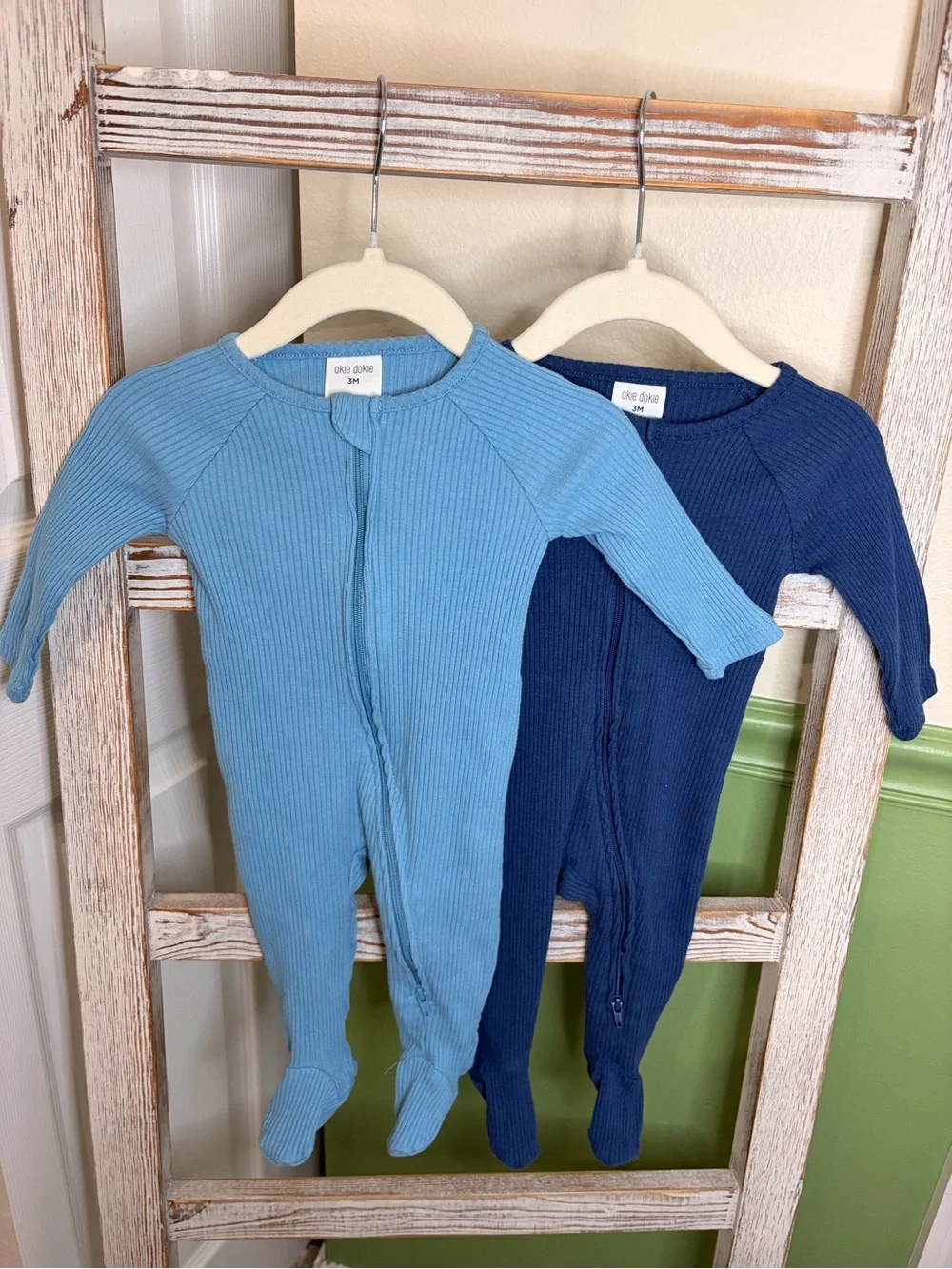 💙 Okie Dokie Baby Boys 3M Ribbed Footed Single Zip Sleepers Blue 2 Pack